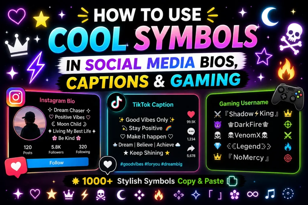 Cool symbols in Social media bios, captions and gamings