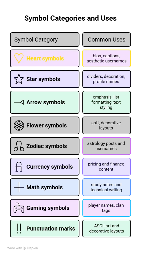 Chart of popular cool symbol categories including hearts, stars, arrows, zodiac and currency symbols